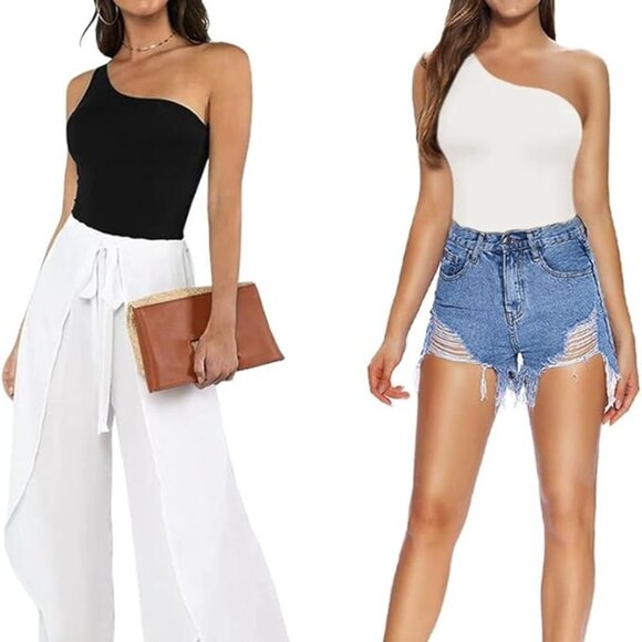 NEW MANGOPOP Women's One Shoulder Sleeveless Tank Top Bodysuit White - Picture 4 of 6
